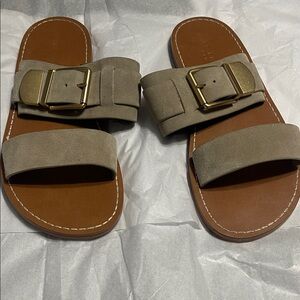 Marc Fisher Taupe Suede Double-Strap Slide Sandals with Gold Buckles